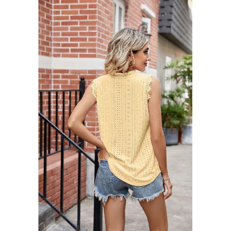 Women's Summer V-Neck Vest T-Shirt with Lace Trim Sleeveless Top