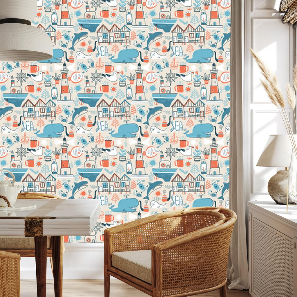 Scandinavian style sea animals wallpaper for living room and bedroom 50x1000