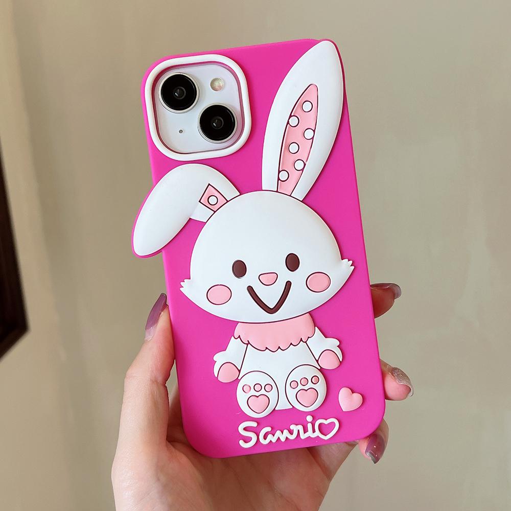 Cartoon Cute Rabbit Phone Case Compatible for iPhone 14 13 12 Pro Max 11 7 Plus Pink Stereoscopic Silicone Protective Cover