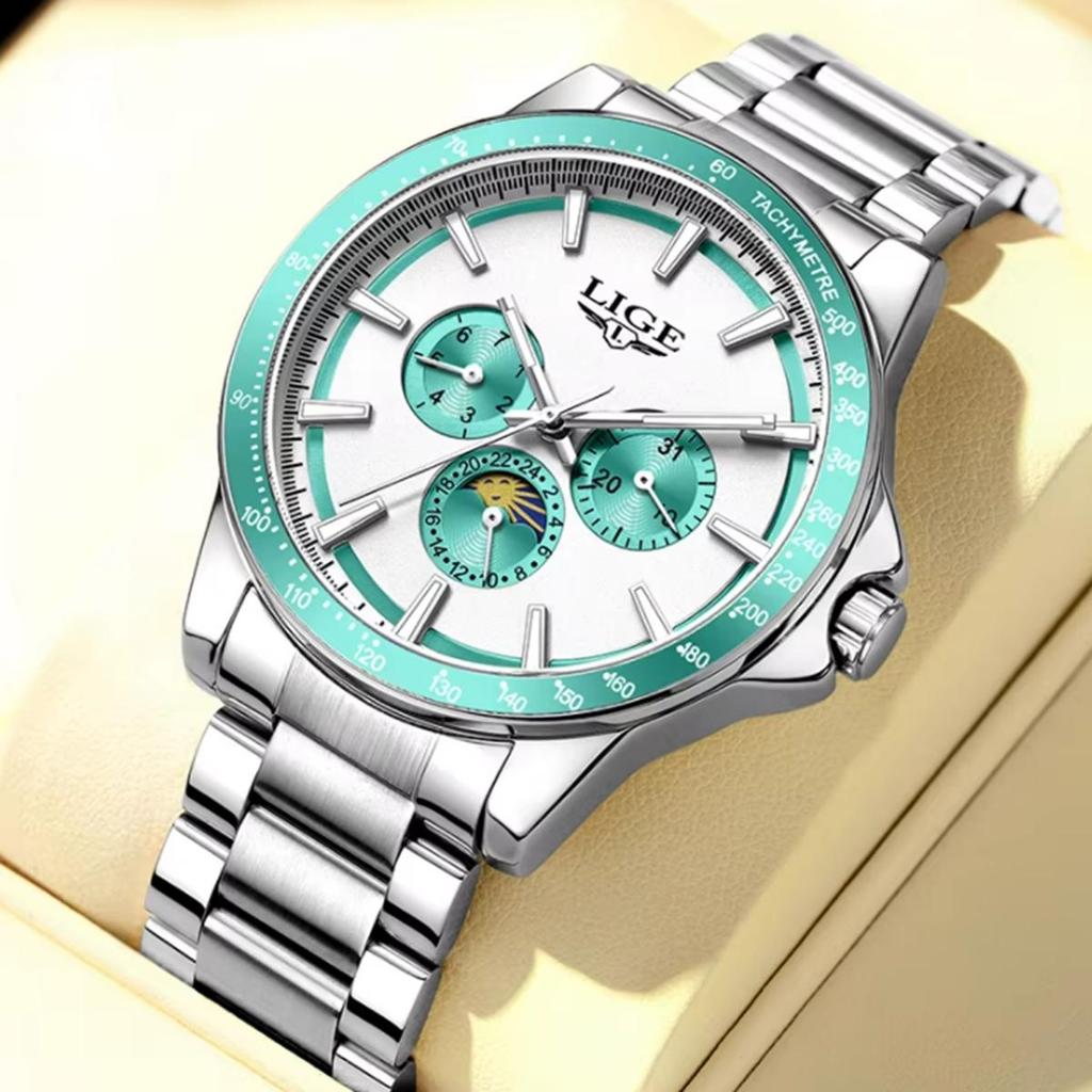 LIGE Unique Dial Quartz Man Watch Stainless Steel Business Luxury Clocks 24-Hour Moon Phase Waterproof Date Week Watches