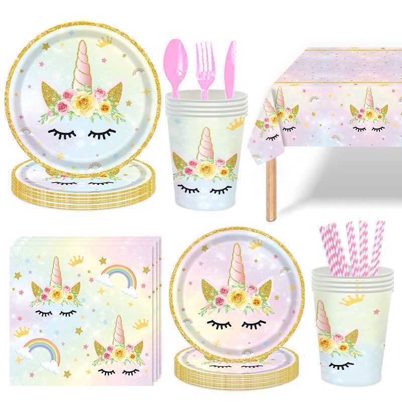 Colorful Unicorn-themed Disposable Tableware Set for Children's Birthday Party Scene Decoration Supplies