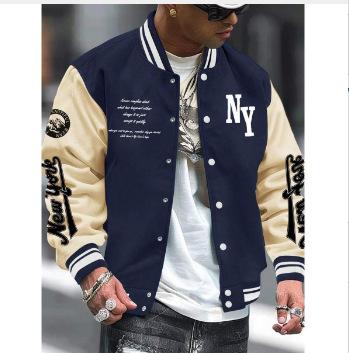 Men's Alphabet Print Baseball Collar Bomber Jacket Loose Casual Sports Long-sleeved Varsity Jacket Suitable for Autumn and Winter