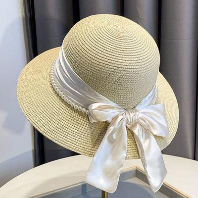 Trendy Mesh Trim Sun Hats Elegant Faux Pearl Bowknot Straw Hat Solid Color Wide Brim Breathable Travel Beach Hats for Women Girls Summer Outdoor