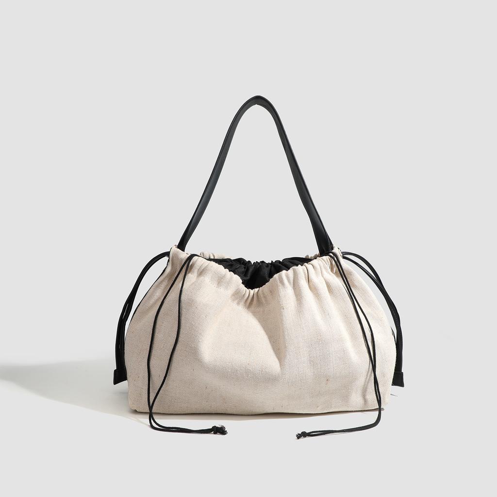 2025 New Trendy Niche Design Canvas Spliced Drawstring Linen Tote Bag Versatile Large-capacity Shoulder Bag