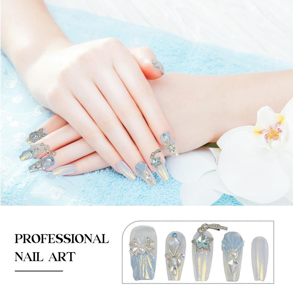 Blue White Fake Nails with Rhinestone Sweet & Charming Reusable False Nails for Manicure Lovers and Beauty Bloggers