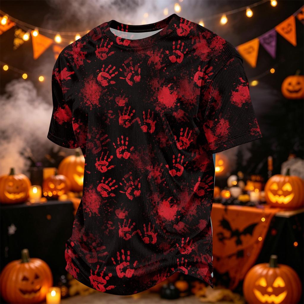 Men's Casual Corduroy Short Sleeve T-Shirt Lightweight Breathable Round Neck Halloween Pumpkin Print Top Comfortable Fit
