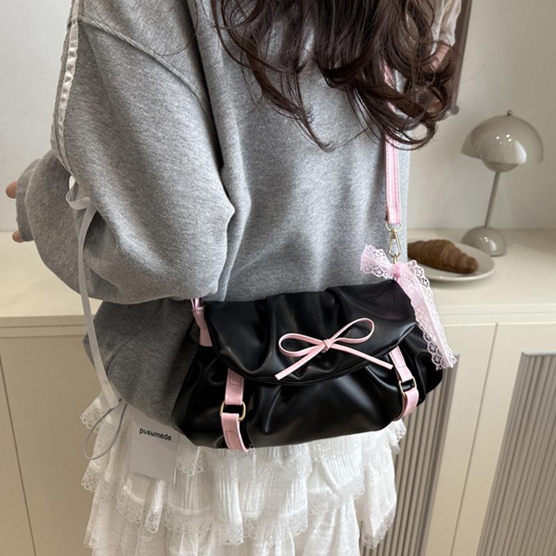 Y2K Sweet Ballerina Inspired Women's Crossbody Bag Fashion Soft Pink Bow Decor PU Leather Shoulder Bag for Commuting, Dating, Casual Outings CLE