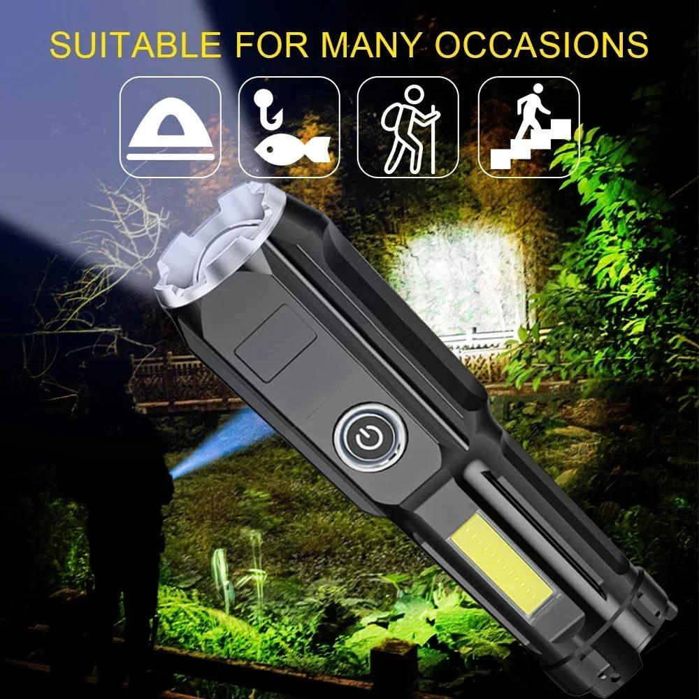 High Power Led Flashlight Super Bright Rechargeable Zoom Torch with COB Side Lights Outdoor Camping Night Fishing Lantern