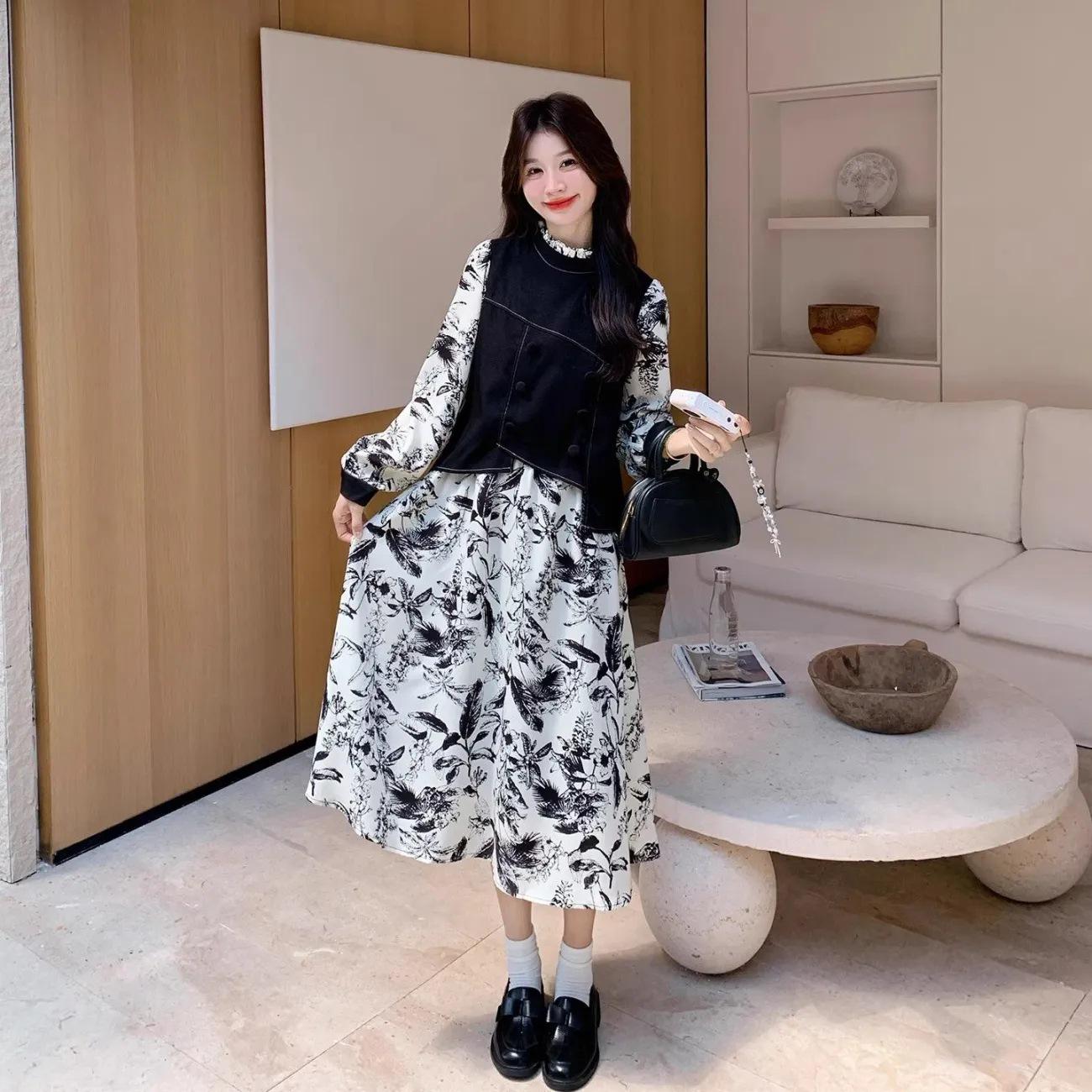 Autumn 2025 Retro Ink Wash Print Two-Piece Long Sleeve Dress for Women - Elegant High-End, Slimming Long Skirt 4XL