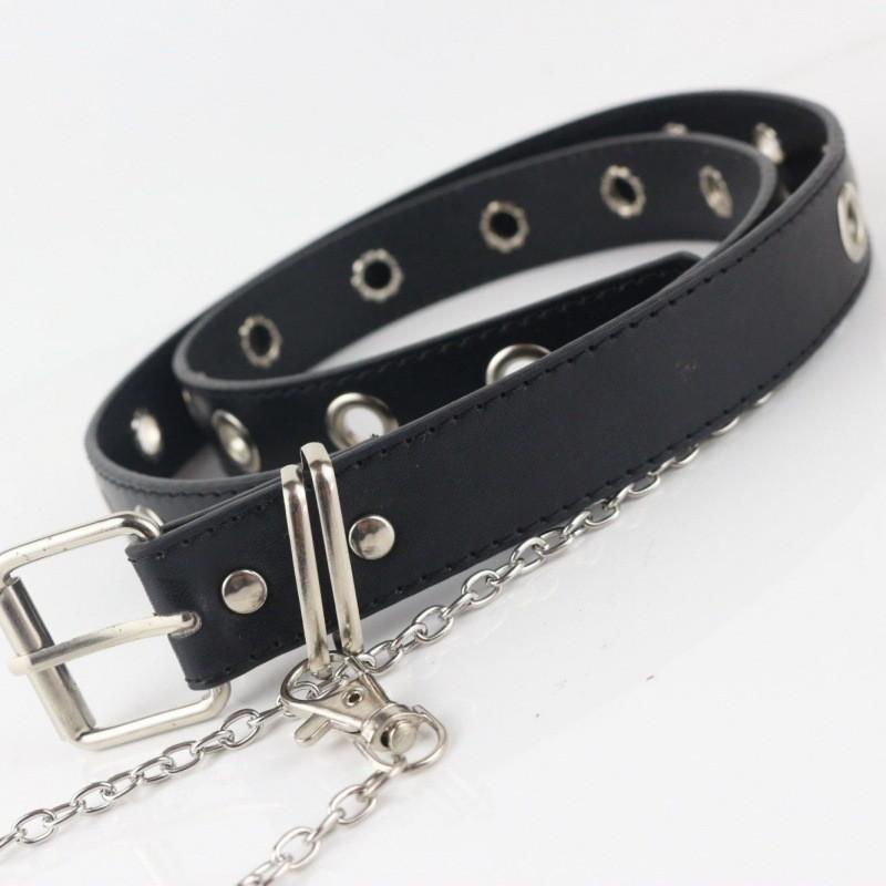 Black Versatile Womens Belt With Stylish Double Buckle And Metal Embellishment Chain