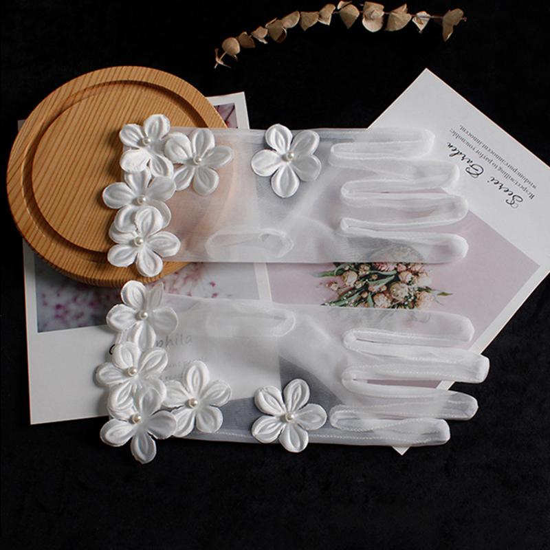 Elegant Lace Tulle Transparentes Bridal Wedding Party Dress Gloves Flower Sheer Short Summer Mittens Lolita Accessories