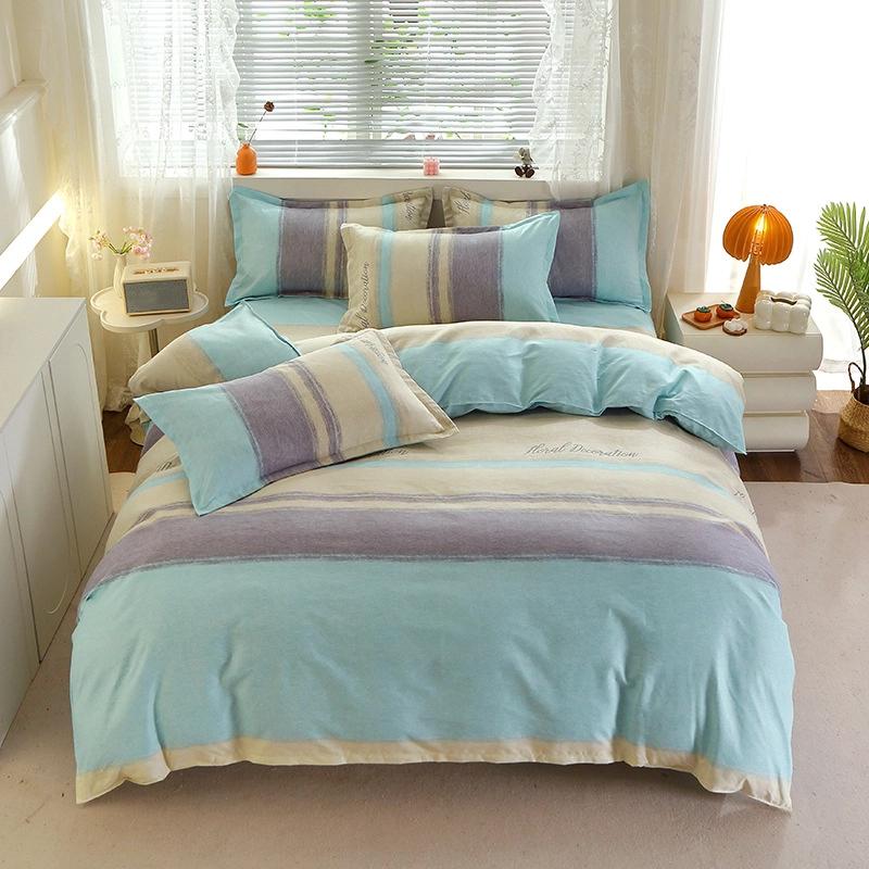 Autumn Winter Pure Cotton Brushed 4 Piece Bedding Set Simple Striped Thick Bed Sheet Duvet Cover All Cotton Bed Supplies 3 Piece Set With Pillowcase