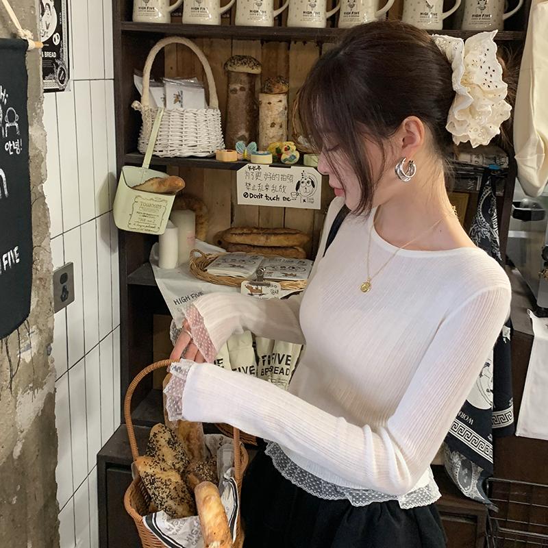 Autumn Winter Base Knitted Sweater For Women Lace Solid Fashion Casual Knitwear Women Clothing Slim Fit Round Neck Pullover Sweaters Ladies Tops 31035