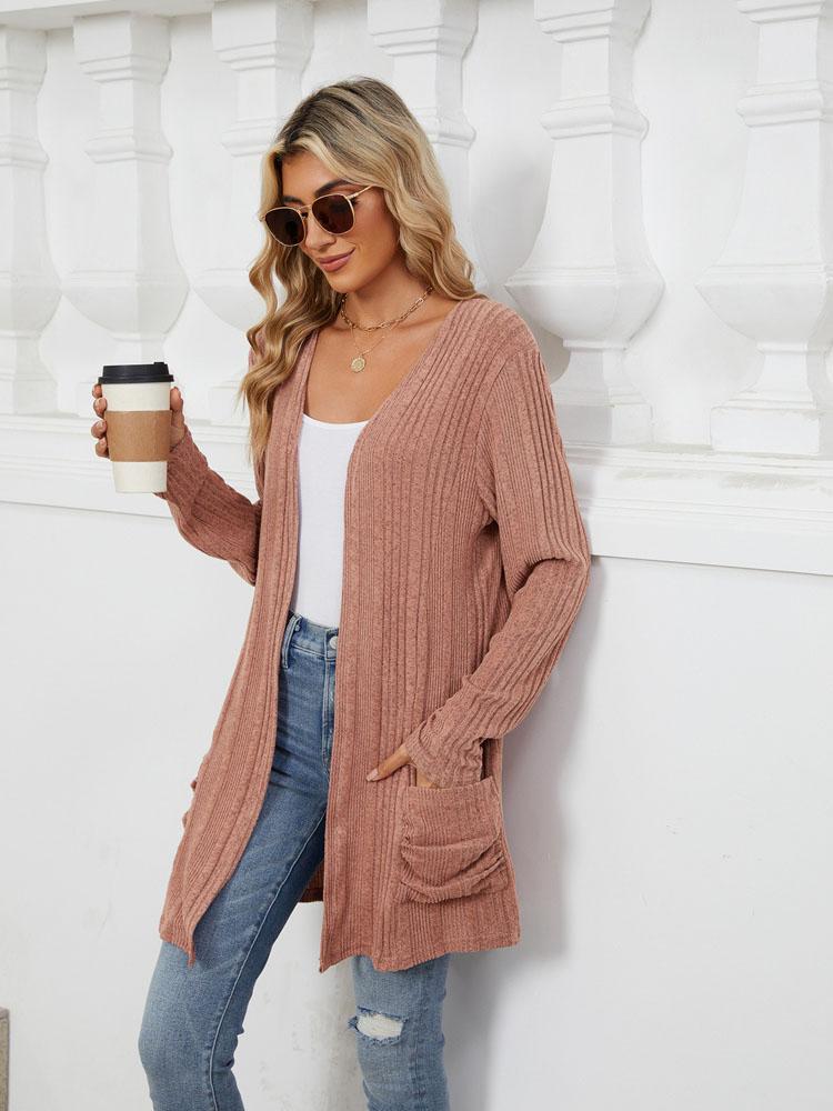 Autumn and Winter New Pit Stripes Long-sleeved Pockets Casual Solid Color Cardigan Jacket Long Cardigan Women Tops Kawaii Sweater