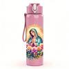1 Stück Blumiger runder Kranz Jungfrau Maria 750 ml Farbe Kunststoff-Wasserflasche Auslaufsicherer Klappdeckel mit Strohhalm Für Sport Büro Heimgebrauch