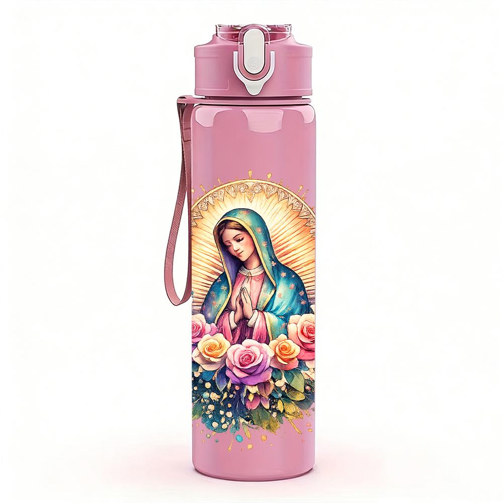 1 Stück Blumiger runder Kranz Jungfrau Maria 750 ml Farbe Kunststoff-Wasserflasche Auslaufsicherer Klappdeckel mit Strohhalm Für Sport Büro Heimgebrauch