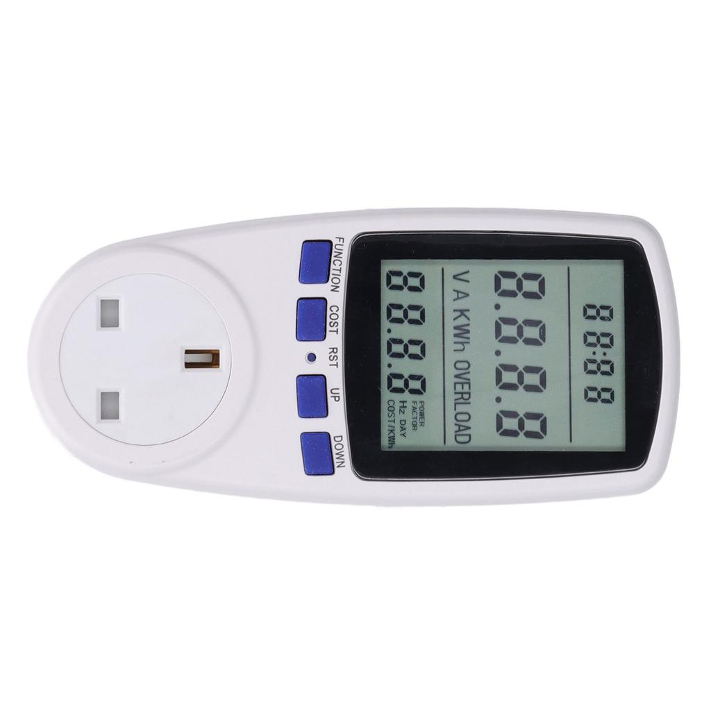 Strømmålerplugg med batteri LCD 7 visningsmoduser Måler for elektrisitetsforbruk Overvåker UK-plugg 230V