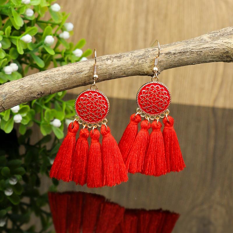

Bohemian Oil Drip Geometric Flower Tassel Earrings For Women Vintage Red Blue Yellow Black Cotton Fringe Drop Dangle Earrings красный