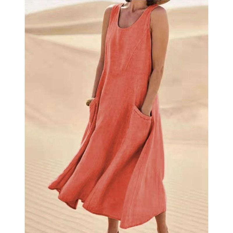 Summer European Style Sleeveless Round Neck Women Clothing Cotton Maxi Dress