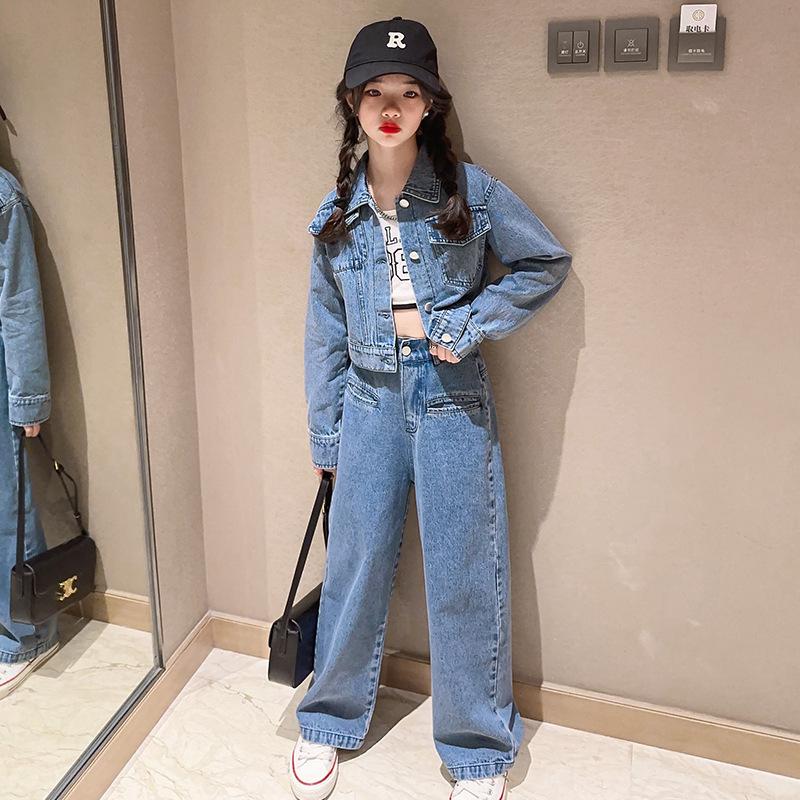 Frühling Herbst Kinder 2 stücke Anzug Mädchen Denim Strickjacke Jacke Tops und Denim Breite bein Hosen Teenager Mädchen 2-stück Sets