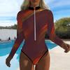 Women Long Sleeve One Piece Swimsuit Zip Front  Ink Tie Dye Print Rash Guard Surfing Bathing Suit