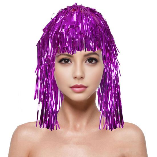 Foil Tinsel Wigs for Adults Fancy Dress Party Shiny Tinsel Wig Metallic Masquerade Disco Hat for Photo Booth Prop Cosplay Supplies