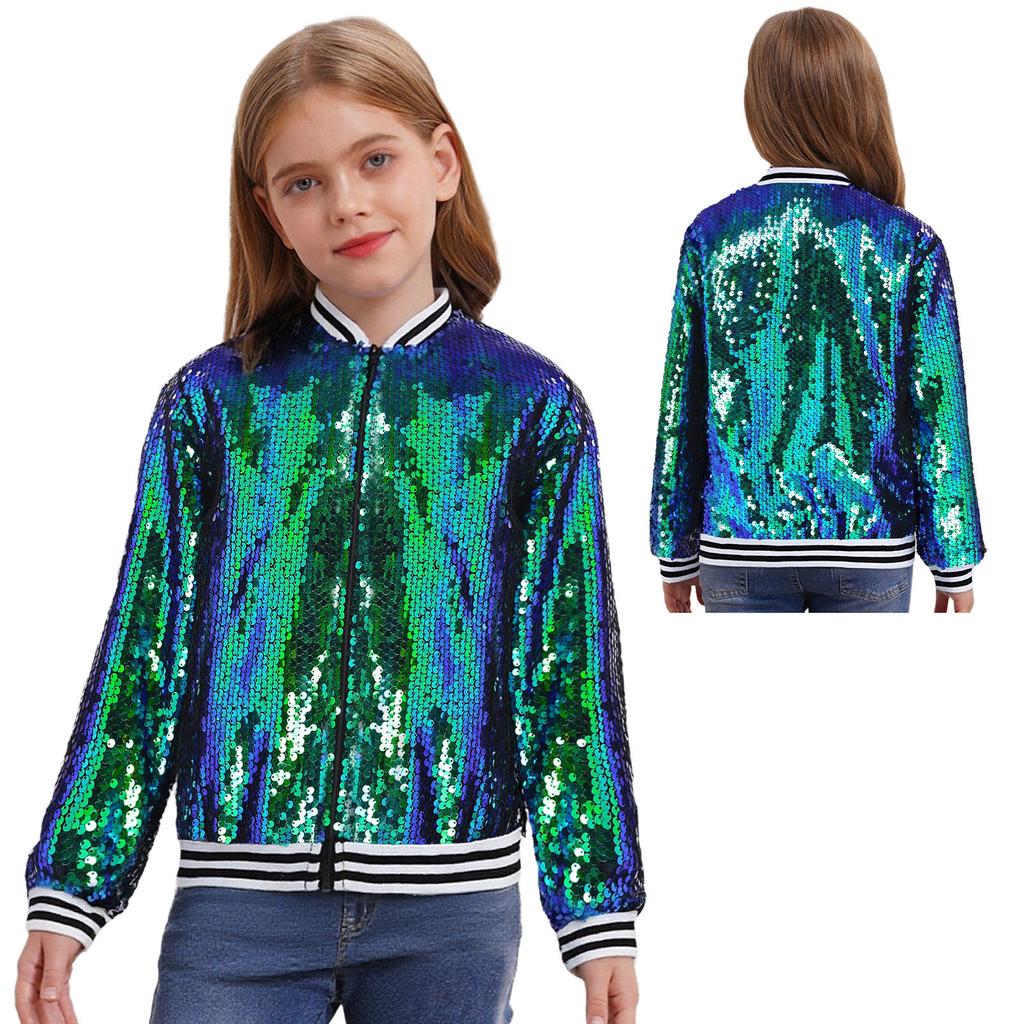 New Baseball Jackets Coat for Kids Girls Spring Autumn Sparkly Sequin Long Sleeve Zip Up Outerwear Dancing Party Bomber Jackets