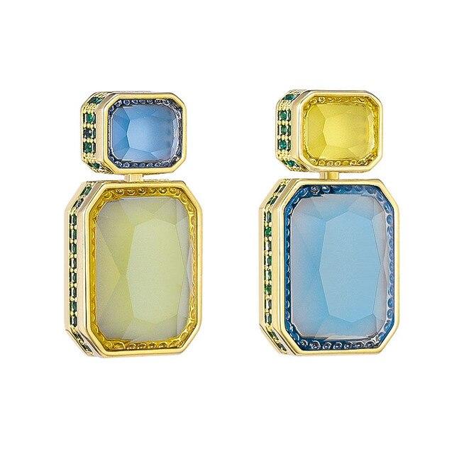 Top New Luxury Square Pendant Drop Style Olive Yellow Blue Crystal Side Inlay Zirconia S925 Silver Earrings For Women Jewelry