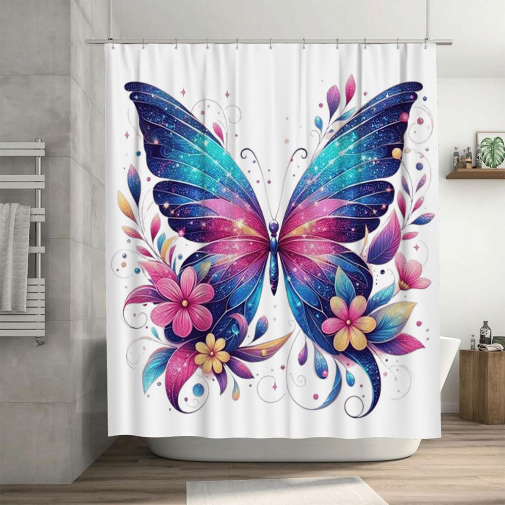 Colorful Butterfly Shower Curtain Decorative Bath Linen with 3D Flowers Waterproof Fabric for Bathroom Available in Custom Sizes