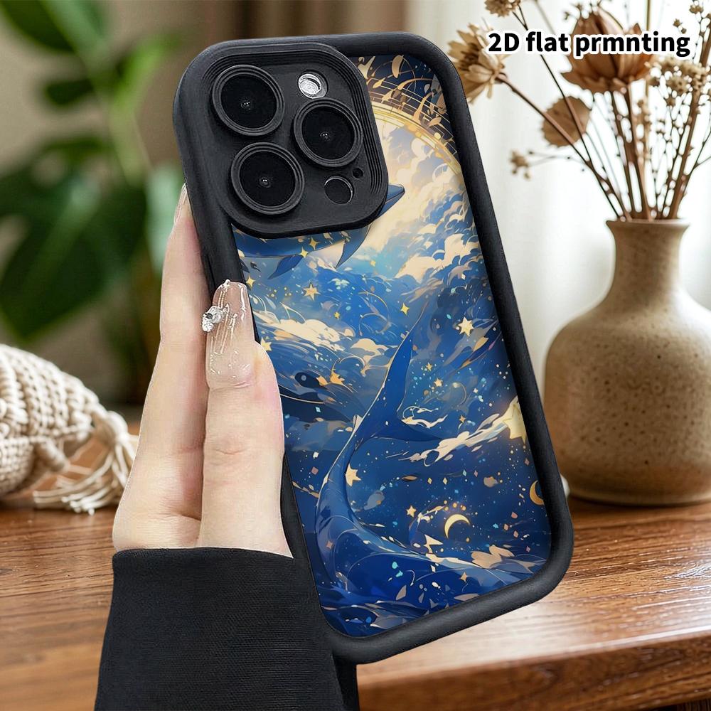 Phone case: 2D flat, suitable for iPhone 18 17 16 15 14 13 Pro protective case, Starry Sea Blue Whale, perfect Christmas and Halloween holiday gift