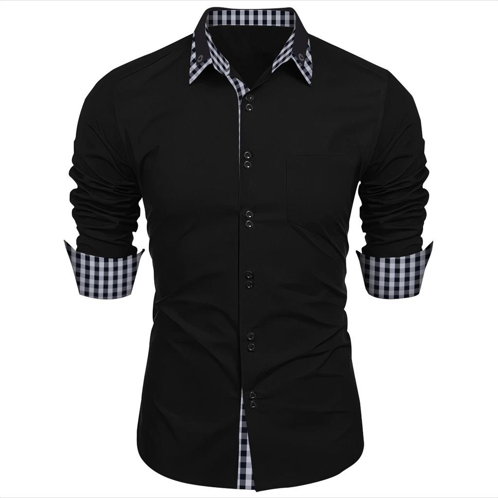 Men's Fashion Plaid  Long Sleeve Shirt Man Lapel Top  Patchwork Business Slim Fit Casual Shirts