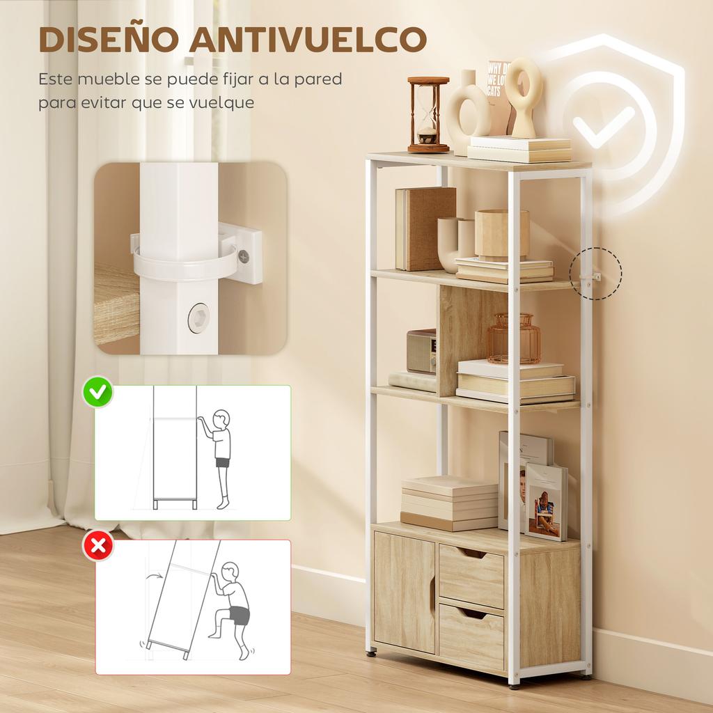 Bookcase Bookshelf with Shelves Drawers and Door 58x24x122 Cm Industrial Style White and Natural Wood