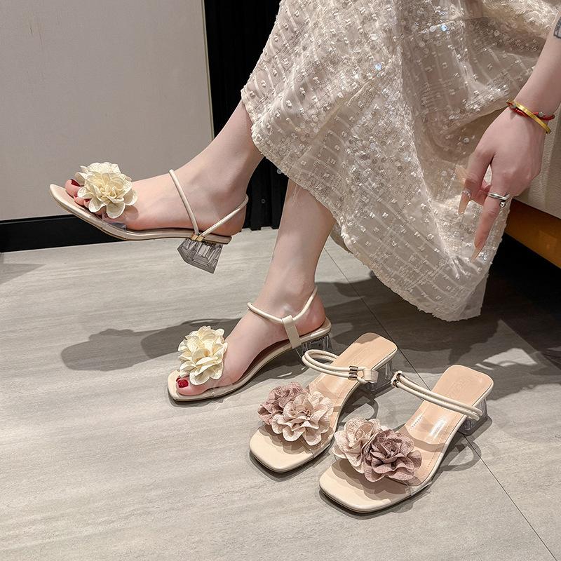 Thick Heel One-word Slippers Women's Shoes Summer Camellia Flower Cool Slippers with Skirt Sandals