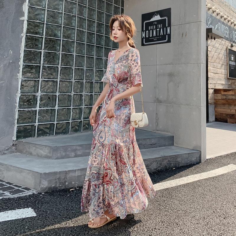 Summer New Dress Big Pendulum Dress Women's Floral Chiffon V-neck Abstract Design Five-quarter Sleeve High Waist Long Dress
