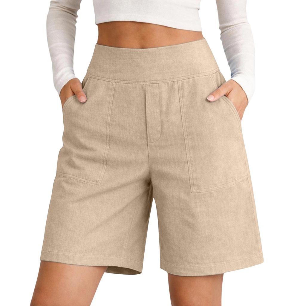 Women's Color Cotton And Linen Casual Waist Shorts With Pockets And Five Quarter Shorts