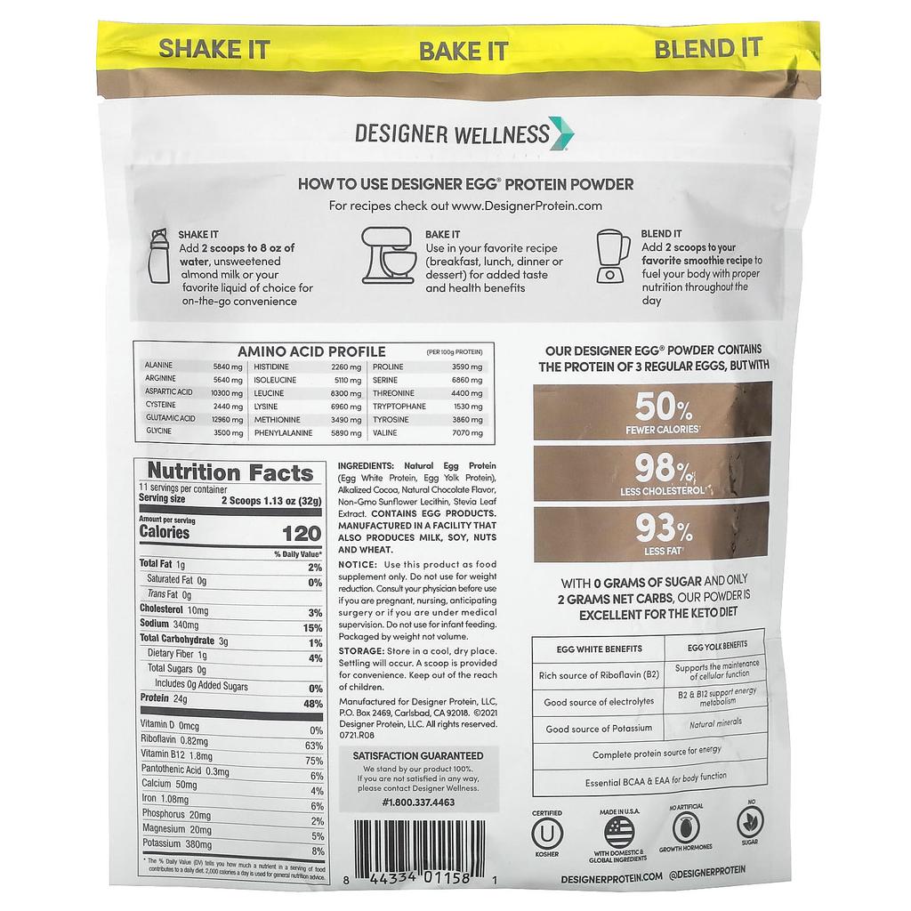 Designer Egg®, Whole Egg Multi-Functional Protein Powder, Dutch Chocolate, 352G (12.4Oz)