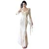 French Temperament Three-dimensional Flower Streamer Long-sleeved Dress Dress Women's Pure Lace Waist Thin Fishtail Dress