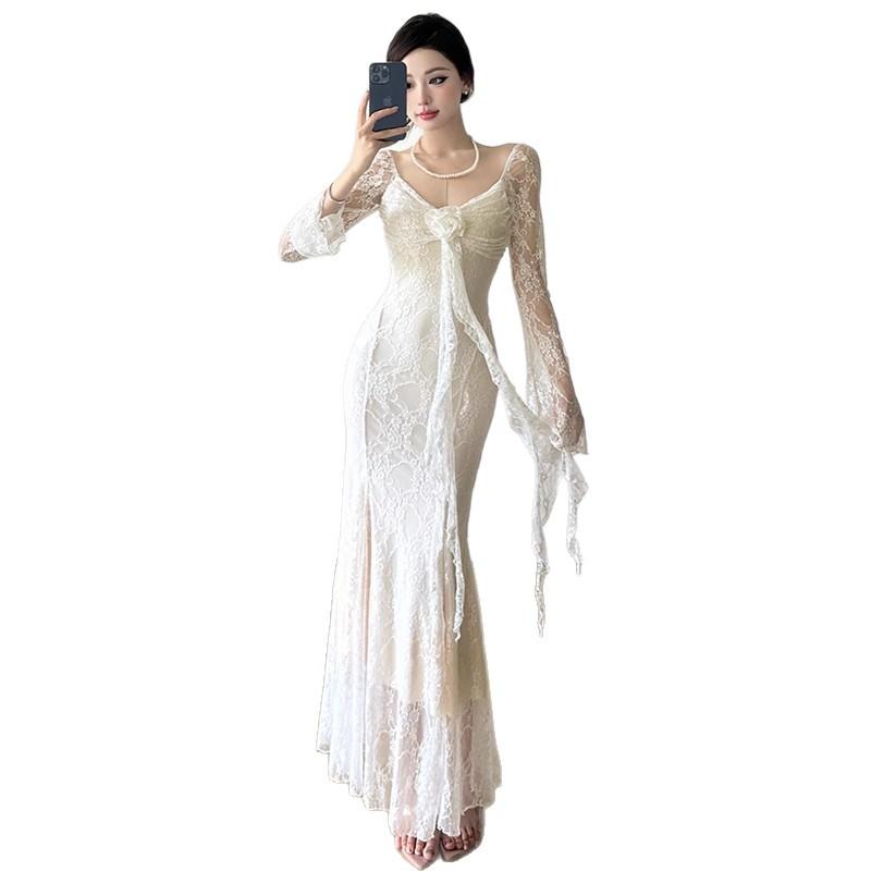 French Temperament Three-dimensional Flower Streamer Long-sleeved Dress Dress Women's Pure Lace Waist Thin Fishtail Dress