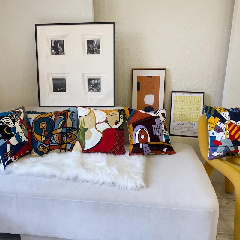 Stickerei Abstrakt Kissenbezug Baumwolle Kissenbezüge Picasso Dekorativ Überwurf Kissenbezüge für Sofa Wohnzimmer Heimdeko