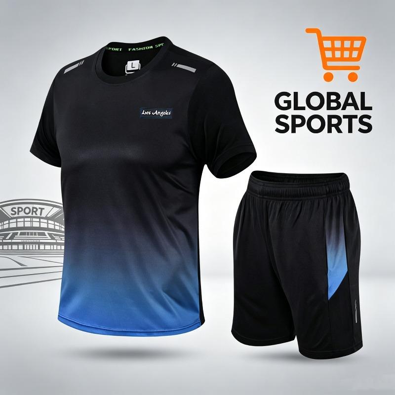 Men s four color gradient sports suit, Los Angeles printed pattern quick drying breathable T-shirt+shorts set S