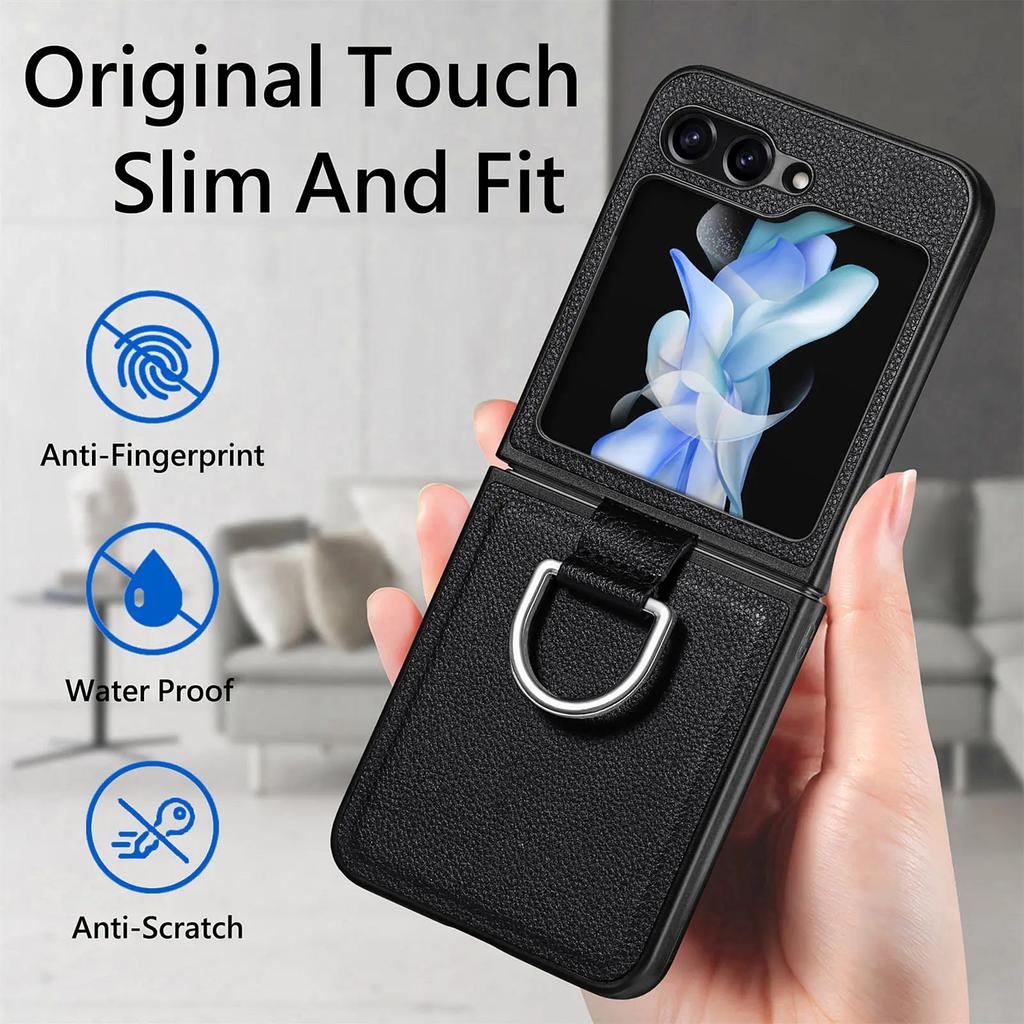 Fall Protection Ring Holder Leather Case for Samsung Galaxy Z Flip 4 5 6 flip6 Flip5 Flip4 Flip3 Flip 3 2 1 5G Zflip4 Cover