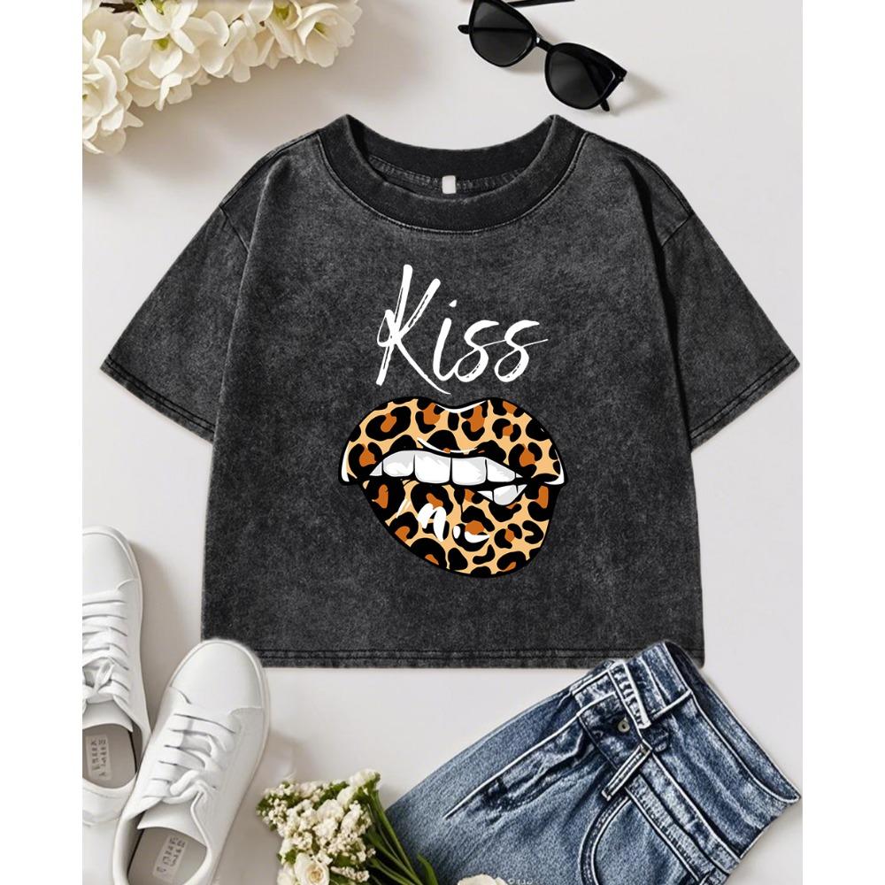 Kiss Me Leopard Print Lips Print Women Washed Crop T Shirt Cotton Top Casual Y2K Summer T-Shirts O-Neck Slim Streetwear