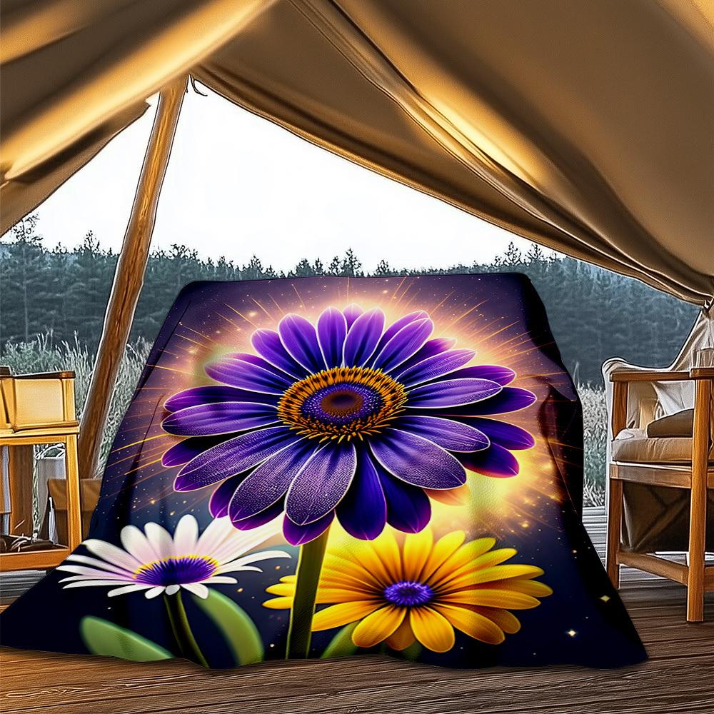 1pc Purple Daisy Outdoor Flannel Blanket Soft All Season Polyester Throw , Perfect for Picnics & Travel , Picnic Accessory