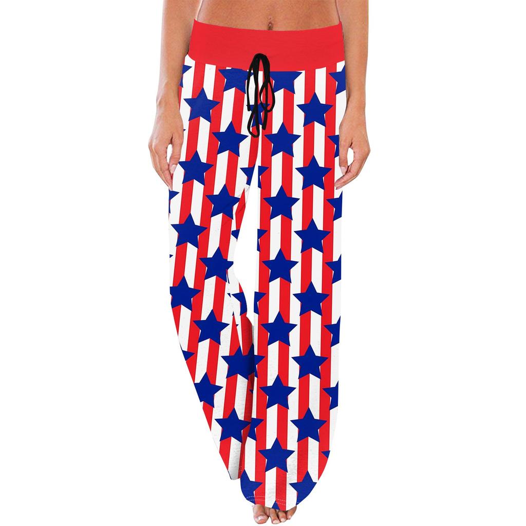 Damen Lässige Mode Komfort Pyjamahose Unabhängigkeitstag Print Kordelzug Weitbeinige Hose