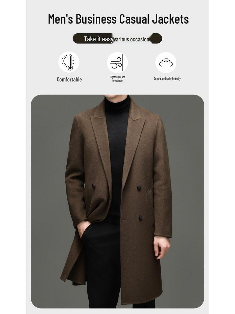 Men's 100% Wool Double-Faced Double-Breasted Lapel Collar Business Casual Long Coat