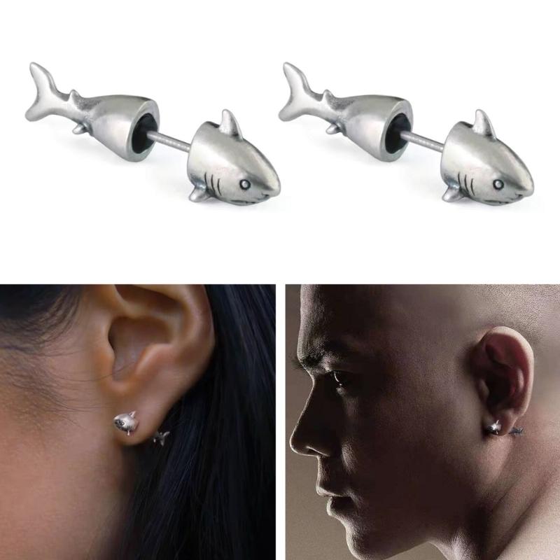 1 Pair Shark Stud Earrings Men and Women Trend Hip Hop Punk Cold Wind Earrings Fashion Retro Fish Split Earrings