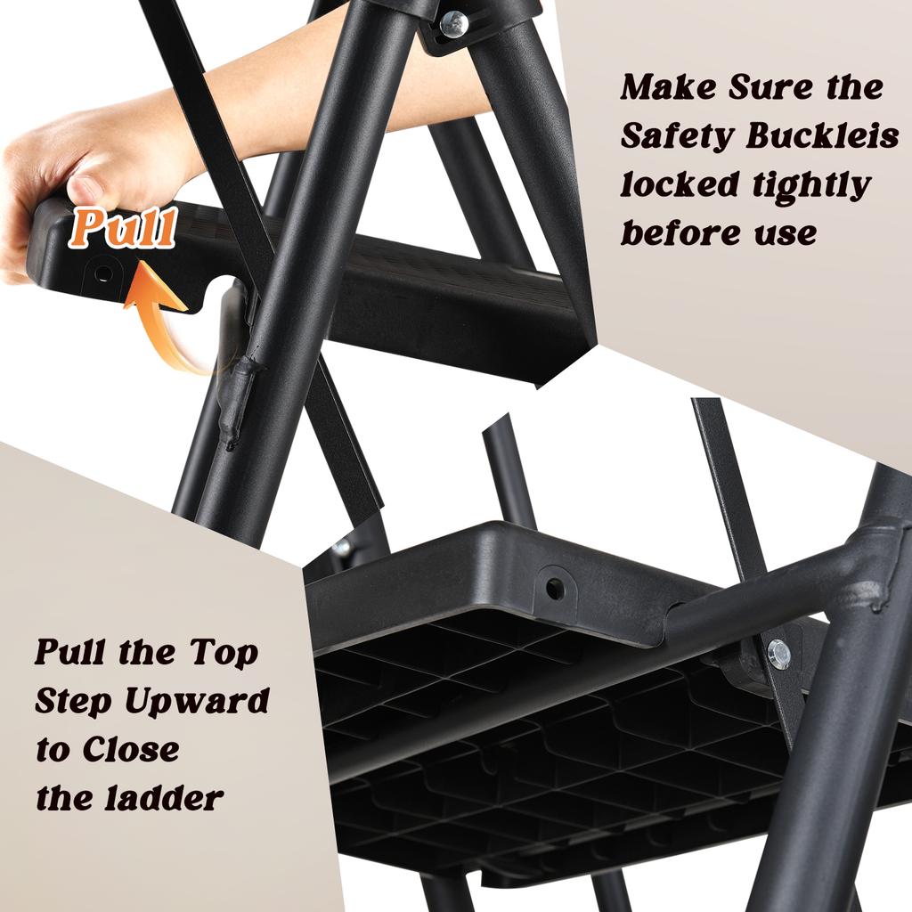 4 Step Ladder, Sturdy Steel Stool with Anti-Slip Wide Pedals, Handrail, Safe-Lock Design, Pass 330 lbs Load Testing, Folding Portable Black