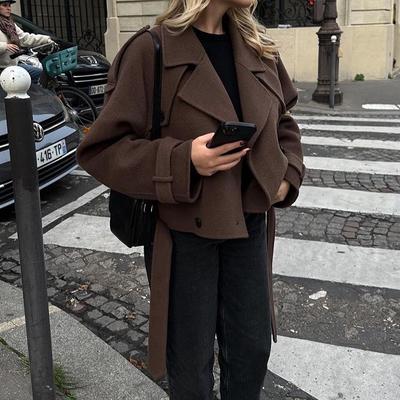 Elegant Women's Short Woolen Trench Coats Loose Lapel Double Breasted Long Sleeve Jacket Autumn Winter Lady Vintage Outwear