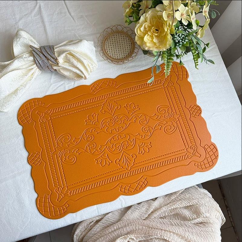 Imitation Leather Totem Dining Placemat Oil-Proof Waterproof Place Mat Retro Relief Table Mat for Kitchen Table Coffee Pad