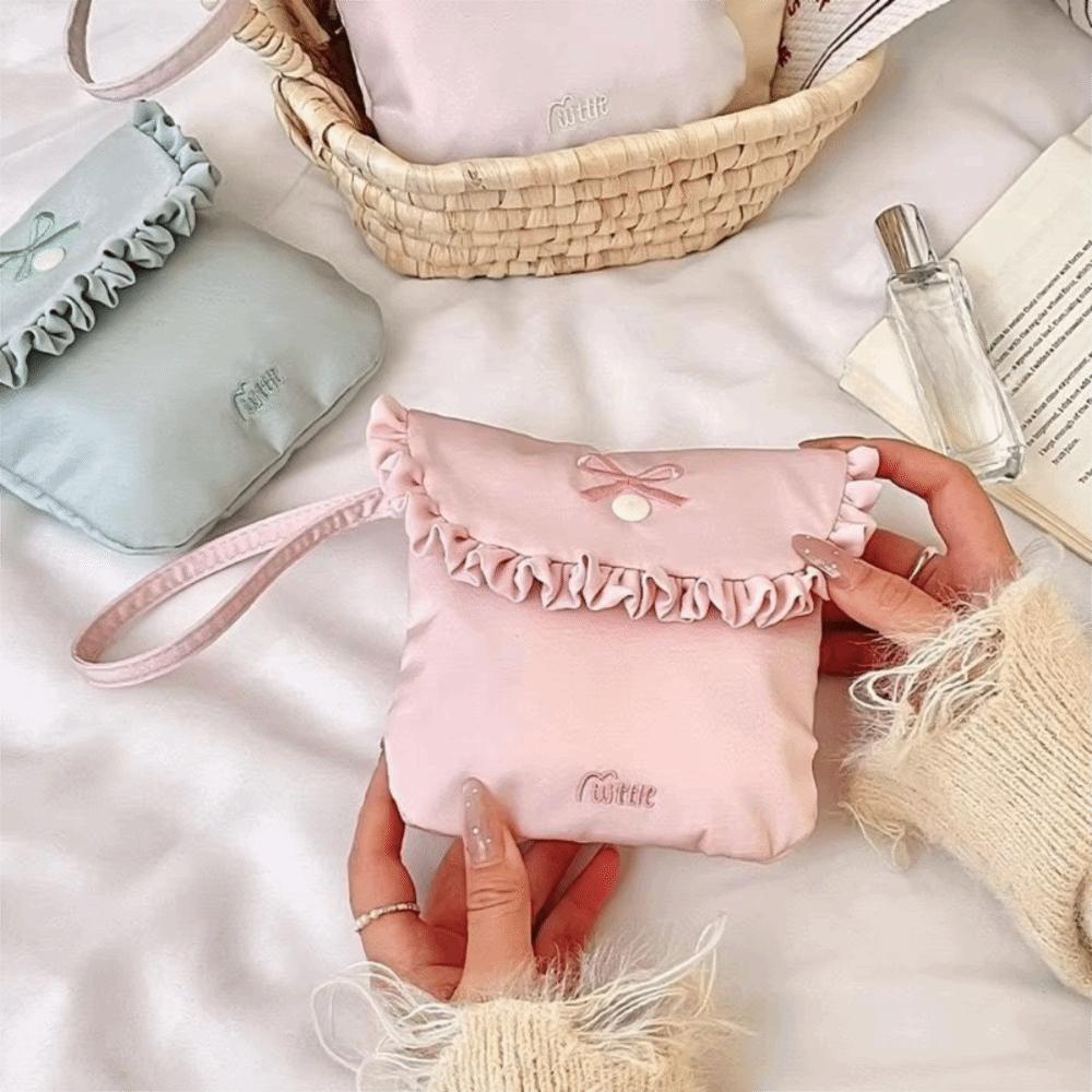 Portable Bow Embroidery Mini Storage Bag Multifunctional Solid Color Wallet Pouch Sanitary Napkins Bag Travel